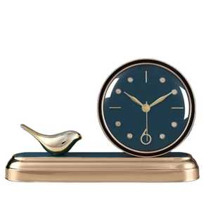 Modern Blue Gold Table <b>Clock</b> Elegant Crystal Markers Minimalist Round Face Artistic Bedside Timepiece with Bird Accent - Product Image 1