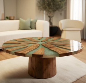 Mesa de epoxi con diseño de resina verde en forma de rayos de sol y base de pedestal de madera maciza, mesa de centro de lujo hecha a mano, decoración para el hogar. - Product Image 1