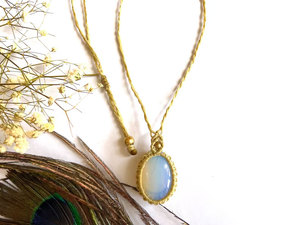 Handmade Macrame Blue Opal and Freshwater Pearl <b>Necklace</b> Oval Pendant Gold Cord Boho <b>Statement</b> Healing Jewelry Wholesale Gift - Product Image 4