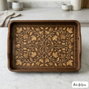 Handcrafted Wooden Inlay Floral Pattern Serving Tray Handles Lightweight Movable Wedding Diwali Decorative Tea <b>Coffee</b> Food - Product Image 1