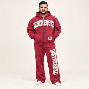 Ensemble de survêtement polaire à capuche entièrement zippé avec patch lettres vieilli, pantalon de jogging décontracté délavé à l'acide, style streetwear décontracté OEM - Product Image 1