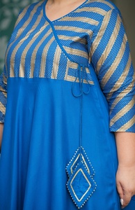 Angrakha Neck Rayon Anarkali Kurti Women's <b>Plus</b> <b>Size</b> Stripe Printed Three Quarter Sleeves Flared Fit Casual Wear Blue - Product Image 2