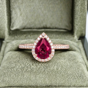 Handmade 6*8 Mm Hình Quả Lê Phòng Thí Nghiệm-Grown <span class=keywords><strong>Ruby</strong></span> 10K Rắn Rose Gold Nhẫn Cổ Điển <span class=keywords><strong>Ruby</strong></span> Solitaire Halo Nhẫn-Đá Quý Thay Thế Tùy Chọn - Product Image 2