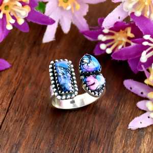 Anillo de plata de ley 925 con piedra turquesa compuesta Monarch Dahlia, anillo ajustable, joyería fina del suroeste para ella. - Product Image 4