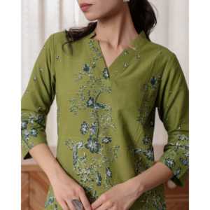 Ensemble de hauts Kurta pour femmes, vert, court, col en V, tissu tissé respirant, modeste - Product Image 1