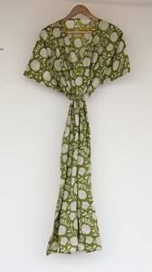 Elegante Vestido Kaftán Verde de Algodón con Estampado Floral a Mano, Vestido Largo Informal Bohemio de Verano para Mujer, Talla Grande - Product Image 4