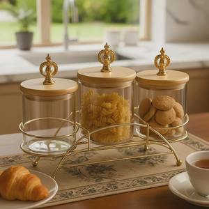 Ensemble de pots en verre chocolat style victorien avec support en métal doré pour le rangement de la cuisine, la présentation de bonbons et de fruits secs, et la décoration de table à manger - Product Image 6