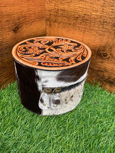 Boîte à bijoux ronde en cuir repoussé de qualité supérieure boîte à bijoux Western Cowgirl pour femmes boîte à bijoux de voyage en cuir de vache gravé - Product Image 5