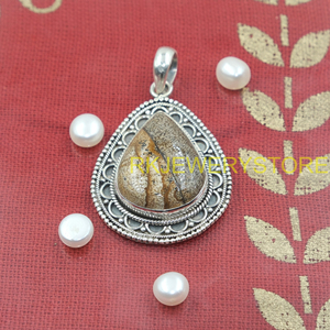 Pendentif en jaspe naturel, argent sterling 925, fait main, forme goutte d'eau, bijoux vintage de créateur, cadeau pour femme, pièce maîtresse - Product Image 5
