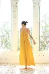 Women Yellow Slip Dress <b>Spaghetti</b> <b>Strap</b> Maxi Dress Loose Fit Summer Cotton Satin Dress Minimalist Casual Long Dress - Product Image 4