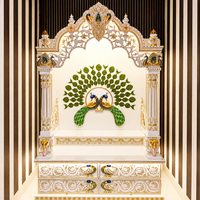 Mandir de prière traditionnel de luxe en marbre de Makrana, sculpté à la main, au design architectural religieux |   Symbole Om rétroéclairé par LED au sol