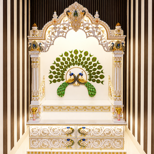Luxury Hand Carved Makrana Marble Traditional Design Pooja <b>Mandir</b> Home | LED Backlit Om Symbol Floor Mount - Product Image 2