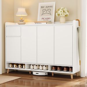 Mobiletto Portascarpe Contemporaneo di Tendenza con Ripiani Regolabili e Gambe in Legno Massello, Organizzatore Minimalista per la Casa - Product Image 1