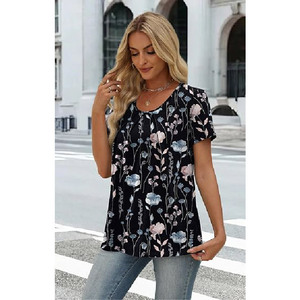 Camiseta Floral Personalizada OEM para Mujer, Cuello Redondo, Manga Corta Plisada, Blusa Casual Transpirable de Verano para Dama, Venta al por Mayor - Product Image 3
