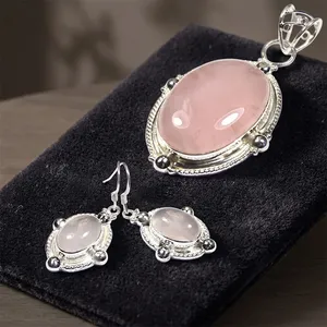 Rose Quartz 925 Sterling Silver Pendant Earrings Jewelry Set With Elegant Handmade Design For Women Wholesale Fashion - Product Image 3