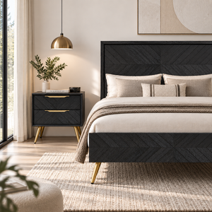 <b>Wooden</b> <b>Bedside</b> <b>Table</b> With Textured Chevron Front Panel, Practical Drawer Storage <b>And</b> Stylish Legs For Contemporary Bedroom Decor - Product Image 2