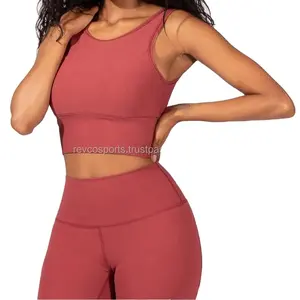Groothandel Custom Design Vrouwen Yoga Sport Geribbelde Tank Tops Sexy Rug V Nek Crop Tops Ademende Nylon Oogst Tanktops