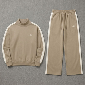 Proveedor de Sudaderas Oversize con Cuello Alto Estilo Streetwear, Sudaderas con Capucha Beige con Rayas en Contraste Personalizadas, y Pantalones Deportivos de Pierna Ancha de Felpa Gruesa - Product Image 5