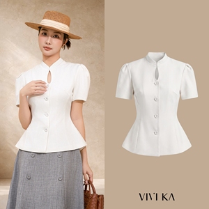 Blusa Blanca de Manga Corta con Cuello Mandarín y Diseño de Peplum para Mujer, Elegante y Casual para Oficina, Modelo DORIS - Product Image 1