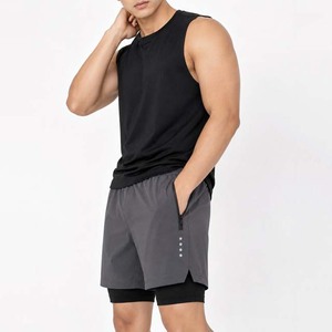 Shorts de sport pour hommes, gris uni, taille élastique, séchage rapide, en polyester tricoté, mi-longueur, avec poche zippée - Product Image 6