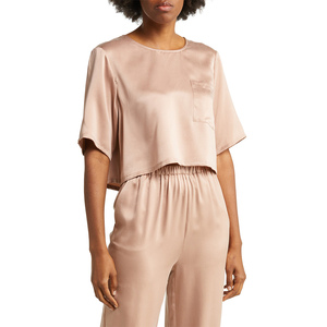 ODM/OEM Women's Summer Short Sleeve Ice Silk Sleeping Skirt Pajamas Crop Top Silk Shirt With High Waist <b>Pant</b> Sexy Set For Ladies - Product Image 3