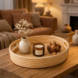 Handwoven Round Rattan Bohemian <b>Plant</b> & Floral Design Multi-Functional Decorative Rope Serving <b>Tray</b> & Platter - Product Image 2