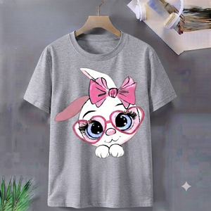 Camiseta de Verano Informal de Manga Corta con Cuello en V y Estampado de Conejito para Mujer, Ajuste Regular, Tejido de Poliéster/Algodón - Product Image 6