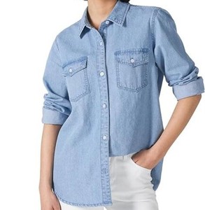 Camisa de Mezclilla para Mujer, con Botones, Manga Tres Cuartos, Color Sólido, Blusa Casual con Bolsillos, Corte Regular - Product Image 5