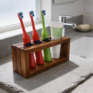 Natural Wooden <b>Toothbrush</b> <b>Holder</b> With Drainage Design For Hygienic Bathroom Storage And Long Lasting Use - Product Image 1