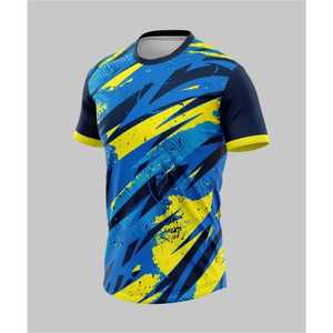 เสื้อยืดแขนสั้นผู้ชายทรงสปอร์ต สีน้ำเงินเหลือง ลายเรขาคณิต แห้งเร็ว ทรงปกติ คอกลม ผ้าถักโพลีเอสเตอร์ - Product Image 1
