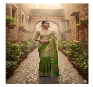 Sari de Seda Tussar Verde para Mujer, Traje Tradicional Étnico Festivo con Diseño de Borde y Detalles en Tela - Product Image 3