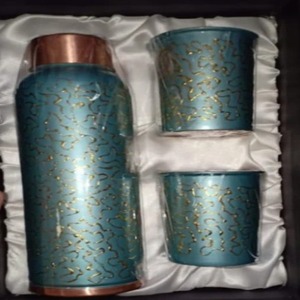 Hammered Copper Double Wall Eco-Friendly Sublimated Customized Portable Water Bottle with Glasses in <b>Gift</b> <b>Box</b> - Product Image 1