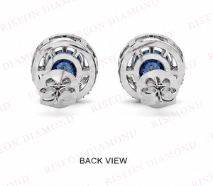 Sofisticados pendientes tipo halo en oro blanco de 18 quilates con piedras centrales redondas en azul real y diamantes redondos brillantes como detalles. - Product Image 4