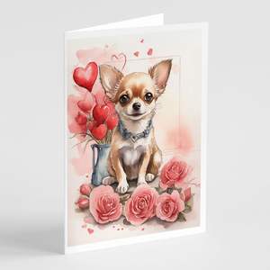Whimsical A7 Tamaño 5x7 Tarjetas de notas en blanco Paquete de 8 sobres incluidos Chihuahua Valentine Roses Tarjetas de felicitación - Product Image 1