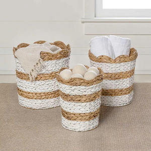 Modern Scalloped Woven Seagrass Storage <b>Basket</b> - Handmade Two-Tone Round Organizer for Home Decor - Product Image 1
