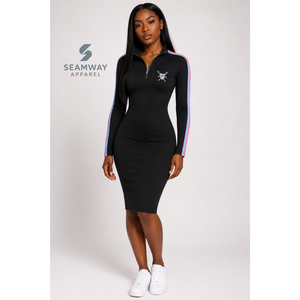 Gamma Phi Delta Women's Bodycon <b>Dress</b> Contrast Striped Sleeve Quarter Zip Mock Neck Knee Length Casual Slim Fit <b>Dress</b> - Product Image 5