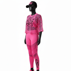 Conjunto de Camiseta y Leggings Premium para Mujer, Malla Transpirable de Poliéster y Spandex, 120 GSM, Panel Superior y Leggings con Logotipo Personalizado - Product Image 4