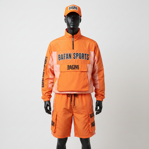 Conjunto deportivo corto para hombre, cortavientos, tela de nailon tejida resistente, paneles de color naranja, logotipo personalizado con serigrafía, talla grande - Product Image 1