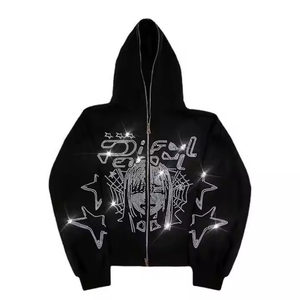 Sudadera con capucha con cremallera para hombre y mujer, con diseño de chica anime y estrellas, con pedrería, estilo Cyber-Y2K 2026, negra, oversize, con gráfico de telaraña brillante HD - Product Image 1