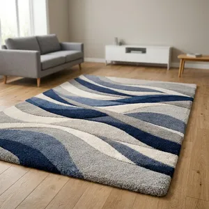 Tapis tufté rectangulaire fait main, design floral moderne, géométrique abstrait, bleu, gris, blanc, rembourré, pour salon - Product Image 4