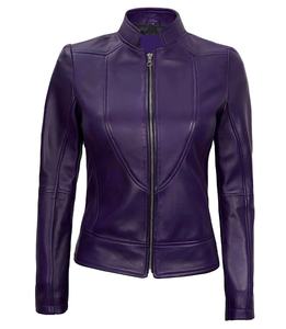 <b>Purple</b> Genuine Leather Jacket for Women Stand Collar Zip Up Biker Coat Windproof Winter Outerwear - Product Image 1