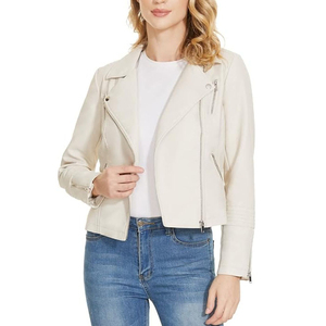 Veste de moto en cuir véritable crème pour femme, veste courte à fermeture éclair, col rabattu - Product Image 1