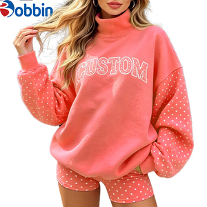 Top Trending Hot Selling Custom Polka Dot Printed Patchwork Mockneck Cozy Sweatshirt Casual <b>Short</b> Set <b>Women</b> Drop Shoulder <b>Suit</b> - Product Image 4