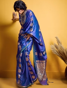 KV <b>Satin</b> Blue Woven Design Designer <b>Saree</b> With Unstitched Blouse - Product Image 2