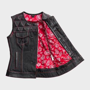 Chaleco de mezclilla y cuero estilo motociclista para mujer - Product Image 3