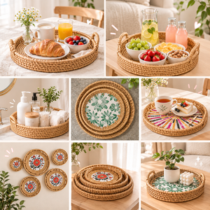 Plateau de service en rotin fait main du Vietnam, tressé avec des incrustations de nacre, pour la maison et la salle à manger - Product Image 2