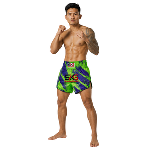 Pantalones Cortos de Muay Thai Verde Brillante y Morado, Pantalones Cortos de Artes Marciales, Cintura Elástica, Pantalones Cortos de Entrenamiento - Product Image 3