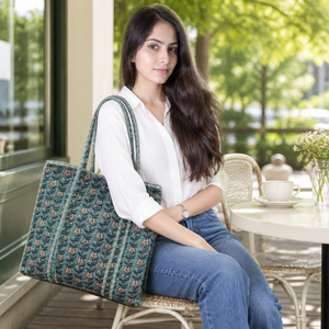 <b>Tote</b> <b>Bag</b> Quilted Cotton Striped Casual Eco-Friendly 250gsm <b>Medium</b> Teal Women Long Handle Boho Zipper Closure Extra Large Shops - Product Image 3