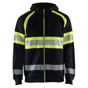 Veste polaire à capuche pour homme avec bandes réfléchissantes, noir et vert citron, style vêtement de travail, fermeture éclair, pour l'automne - Product Image 1