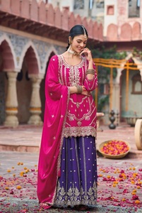 Traje Plazzo Premium Bordado en Chinon para Mujer (Talla Única) - Estilo Moderno para Bodas y Diwali - Product Image 4